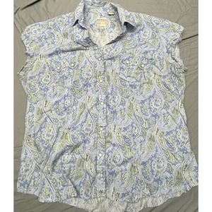 Roper Pearl Snap Western Top Size 2XL Sleeveless Blue White Paisley Geo Slimming